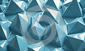close-up view 3D geometric pattern composed numerous triangular shapes in shades blue, creating visually