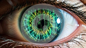 A close-up of a human eye with a digital green iris and code
