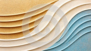 A textured wall with a wave pattern in white, gold, and blue.