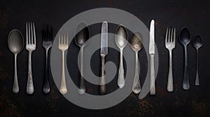 A collection of antique silverware arranged in a row.