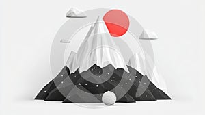 A 3D rendering of a mountain range with a red sun and clouds.