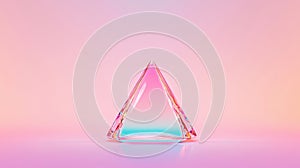 A pink and blue glass pyramid sits on a reflective surface.