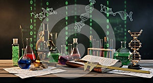 Chemistry lab setup with microscope and DNA model