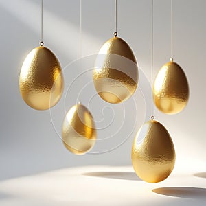 Five golden Easter eggs suspended by thin strings against a soft white background with shadows