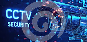 Futuristic security technology featuring CCTV camera with digital effects