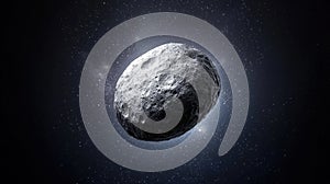A large, irregularly shaped asteroid in space.