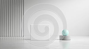 A minimalist room with a white cube, gray sphere, and gray cylinder.