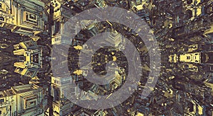 Infinite cybernetic maze of gold and blue metal