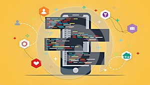 This image presents a smartphone with coding visuals surrounded by various design elements on a yellow background