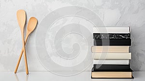 A stack of books with a black and white marble cover.