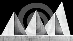 A black and white photograph of a building with three triangular shapes.