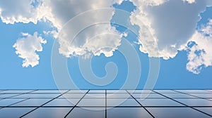 A blue sky with white clouds and a building with a grid pattern.