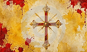 golden cross with intricate designs and red gemstone is centered against background red and yellow splatters. photo