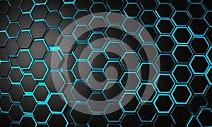 close-up view black and blue hexagonal pattern, with the darker hexagons forming darker background and the