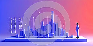 Futuristic Data: 3D Networked Bar Graph on Vibrant Blue