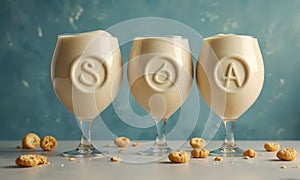 Three wine glasses with the letters \