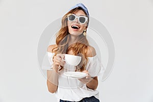 Image of pretty elegant woman 20s wearing sunglasses smiling and