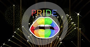 Image of pride rainbow text and lips with fireworks exploding on black background photo