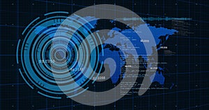 Image of processing circle, data and world map on black background