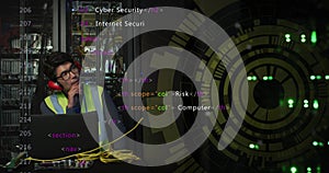 Image of processing circle over asian man working on laptop in server room