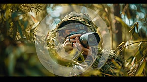 An image of professional wildlife photographer hiding and taking a photo. AIG42.