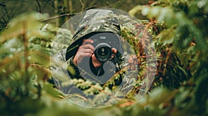 An image of professional wildlife photographer hiding and taking a photo. AIG42.