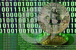 Image of the program code showing the process of mining the crypto currency in the background of the image with bitcoin.