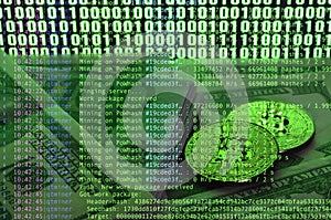 Image of the program code showing the process of mining the crypto currency in the background of the image with bitcoin