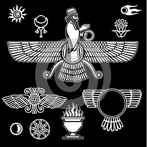 Image of the prophet Farvahar. Set of esoteric symbols.