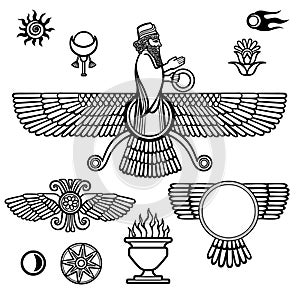 Image of the prophet Farvahar. Set of esoteric symbols.