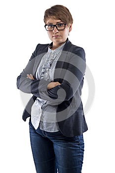 Image pudgy woman in glasses with arms crossed