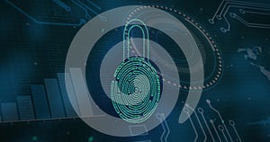 Image of purple lines over digital padlock on green background