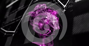 Image of purple spots over data processing on black background