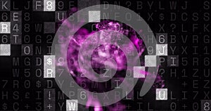Image of purple spots over data processing on black background