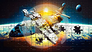 An image of puzzle piece with spaceship in the background. Generative AI