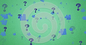 Image of puzzles and question marks floating over green background
