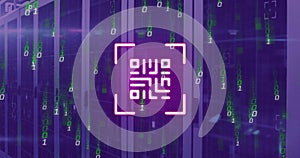 Image of qr code, binary coding and data processing over computer servers