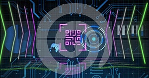 Image of qr code and computer circuit board over data processing on black background