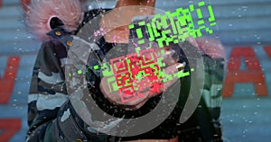 Image of qr code and connected dots over caucasian hipster woman using smartphone on street