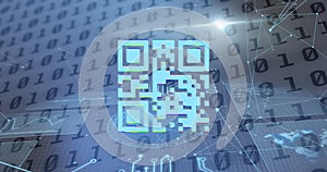 Image of qr code and data processing over binary coding in background