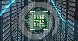 Image of qr code and data processing over computer servers