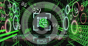 Image of qr code and data processing over neon tunnel