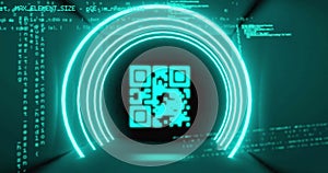 Image of qr code in illuminated circular tunnel over programming language