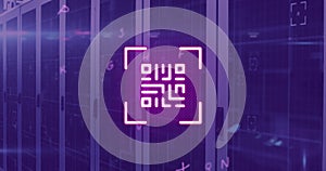 Image of qr code and letters over computer servers in background