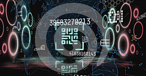Image of qr code and numbers processing over world map
