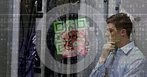Image of qr code over data processing and caucasian man checking servers