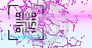 Image of qr code over dots and connections on pink and blue background