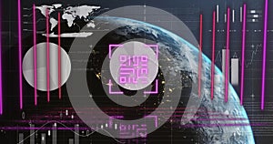 Image of qr code over globe and data processing on black background