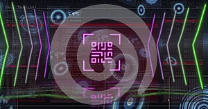 Image of qr code over scope scanning and data processing on black background