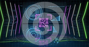 Image of qr code over scope scanning and data processing on black background